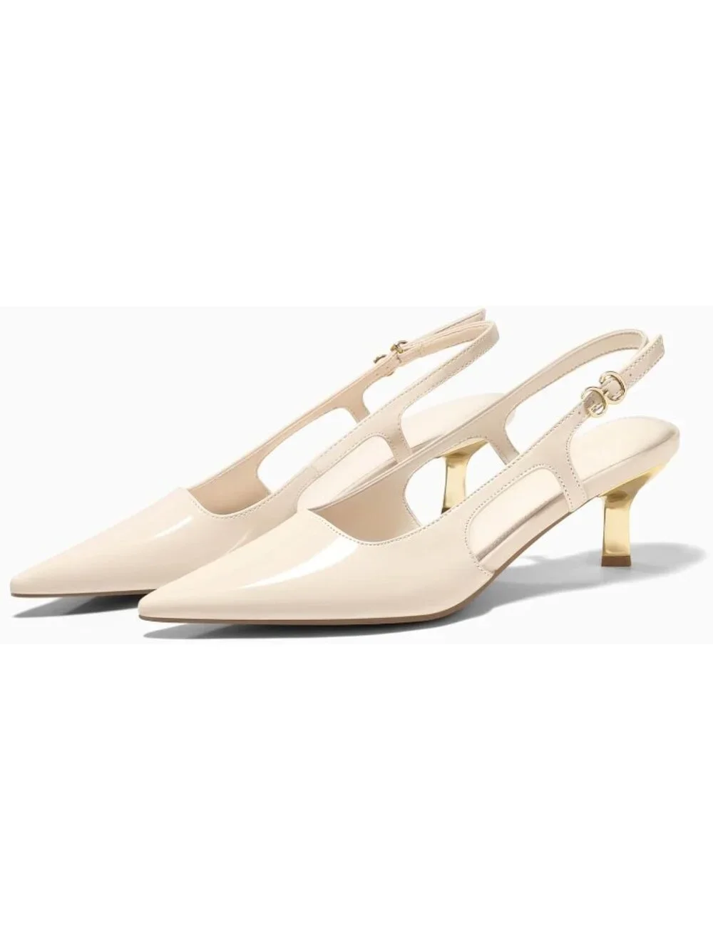 Women's Beige Low Kitten Heels Slingback Pumps Closed Pointed Toe Buckle Shoes